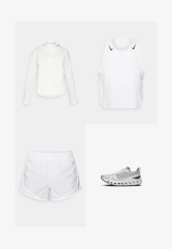 Biela Nike bunda s kapucňou, plným zipsom, elastickými manžetami a jemným logom na hrudi. Hladká textúra a ľahký dizajn.; Biely bezrukávový top vyrobený z ľahkej tkaniny, s čiernymi akcentmi loga Nike na ramenách, okrúhlym výstrihom a voľným strihom.; Biele športové šortky vyrobené z ľahkej, priedušnej tkaniny. Obsahujú elastický pás a sieťované bočné panely, s malým modrým logom ako akcentom.; Biele atletické topánky s sieťovaným zvrškom, sivými akcentmi, hrubou tlmiacou podrážkou a viacerými ventilačnými otvormi pozdĺž spodného okraja.
