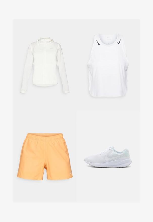 Casaco branco da Nike com capuz, fecho completo, punhos elásticos e um logótipo subtil no peito. Textura suave e design leve.; T-shirt branca sem mangas feita de um tecido leve, com detalhes do logotipo preto da Nike nos ombros, decote redondo e um corte relaxado.; Calções atléticos de cor pêssego com uma cintura elástica, textura suave e um pequeno logótipo branco no lado inferior direito.; Sapatilhas brancas desportivas com parte superior em malha, design texturizado, biqueira arredondada, colarinho almofadado e detalhes em azul claro no calcanhar. Sola de borracha.