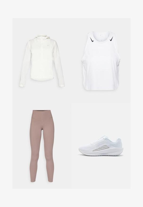 Hvid Nike-jakke med hætte, fuld lynlås, elastiske manchetter og et diskret logo på brystet. Glat tekstur og let design.; Hvid ærmeløs tanktop lavet af letvægtsmateriale, med sorte Nike-logo detaljer på skuldrene, rund halsudskæring og afslappet pasform.; Højtaljede aktive leggings i en afdæmpet mauve farve, lavet af glat, strækbart materiale med et sømløst design og ingen synlig hardware.; Hvid træningssko med mesh-overdel, rund tå og tekstureret sål. Har et sølvfarvet Nike-swoosh og et minimalistisk design.