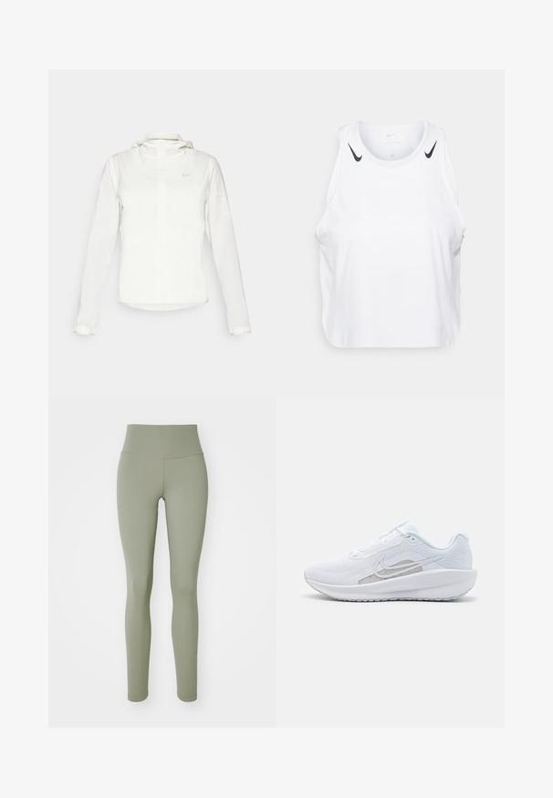 Weiße Nike-Jacke mit Kapuze, durchgehendem Reißverschluss, elastischen Bündchen und einem dezenten Logo auf der Brust. Glatte Textur und leichtes Design.; Weißes ärmelloses Tanktop aus leichtem Stoff, mit schwarzen Nike-Logo-Akzenten an den Schultern, rundem Ausschnitt und lässigem Schnitt.; Olivgrüne Leggings mit hohem Bund, glatter Textur und tailliertem Design. Besondere Merkmale sind nahtlose Nähte und kein sichtbares Zubehör.; Weißer Sport Schuh mit Mesh-Obermaterial, abgerundeter Zehenpartie und strukturiertem Sohlenprofil. Mit einem silbernen Nike Swoosh und minimalistischem Design.