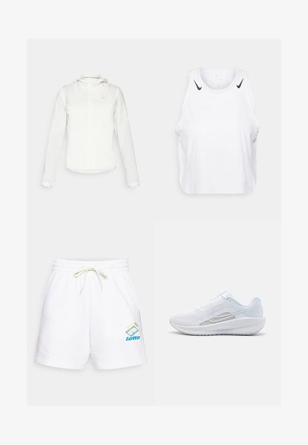 Biela Nike bunda s kapucňou, plným zipsom, elastickými manžetami a jemným logom na hrudi. Hladká textúra a ľahký dizajn.; Biely bezrukávový top vyrobený z ľahkej tkaniny, s čiernymi akcentmi loga Nike na ramenách, okrúhlym výstrihom a voľným strihom.; Biele šortky z bavlny s elastickým pásom a sťahovacou šnurkou. Obsahujú potlačené logo Lotto s modrými a žltými akcentmi.; Biele atletické topánky s priedušným zvrškom, okrúhlym prstom a štruktúrovanou podrážkou. Obsahuje strieborný Nike swoosh a minimalistický dizajn.