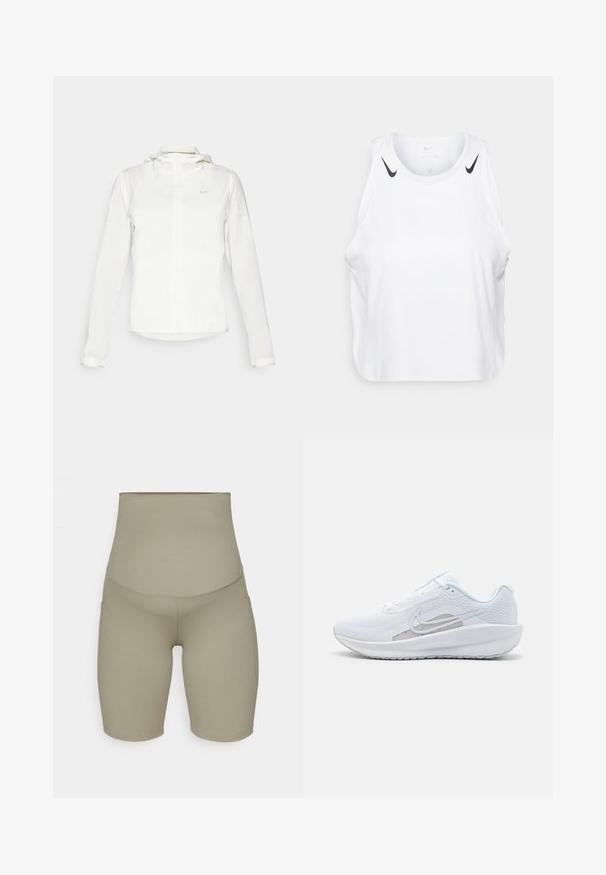Veste blanche Nike avec capuche, fermeture éclair intégrale, poignets élastiques et un logo discret sur la poitrine. Texture lisse et design léger.; Débardeur blanc sans manches en tissu léger, avec des accents du logo Nike noir sur les épaules, un col rond et une coupe décontractée.; Shorts de vélo taille haute en tissu vert olive clair, avec une texture douce et des poches latérales pour plus de fonctionnalité.; Baskets blanches avec une tige en mesh, bout rond et semelle texturée. Présentent un swoosh Nike argenté et un design minimaliste.
