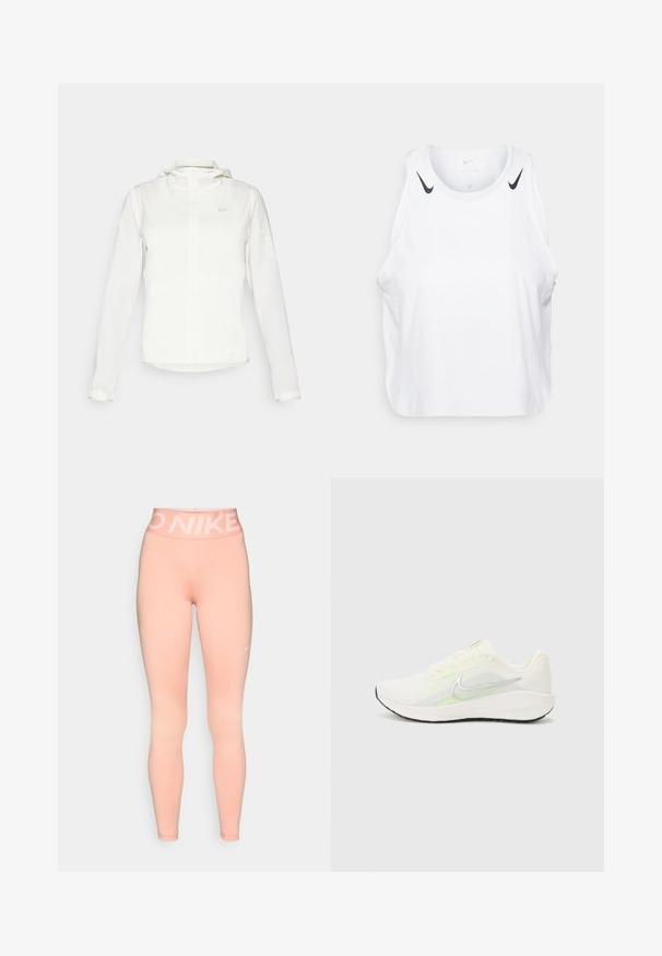 Weiße Nike-Jacke mit Kapuze, durchgehendem Reißverschluss, elastischen Bündchen und einem dezenten Logo auf der Brust. Glatte Textur und leichtes Design.; Weißes ärmelloses Tanktop aus leichtem Stoff, mit schwarzen Nike-Logo-Akzenten an den Schultern, rundem Ausschnitt und lässigem Schnitt.; Rosa Nike Leggings verfügen über einen hohen Bund mit einem weißen Logo. Derstoff ist glatt und hat eine enganliegende Silhouette, die sich gut für Sportbekleidung eignet.; Nike Performance DOWNSHIFTER 13 - Laufschuh Straße - sail/silver-coloured photon dust/summit white/barely volt/black