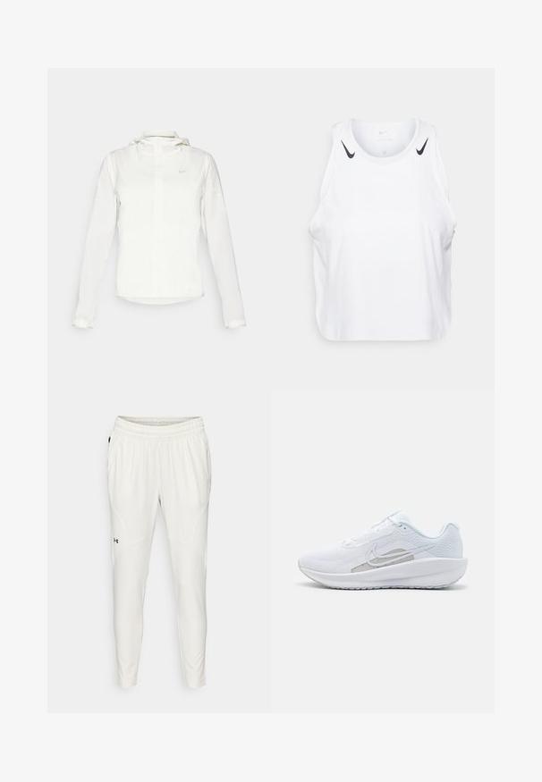 Hvid Nike-jakke med hætte, fuld lynlås, elastiske manchetter og et diskret logo på brystet. Glat tekstur og let design.; Hvid ærmeløs tanktop lavet af letvægtsmateriale, med sorte Nike-logo detaljer på skuldrene, rund halsudskæring og afslappet pasform.; Lette, kremefarvede træningsbukser med elastisk talje, tapered fit, sidelommer og et lille sort logo på venstre ben.; Hvid træningssko med mesh-overdel, rund tå og tekstureret sål. Har et sølvfarvet Nike-swoosh og et minimalistisk design.