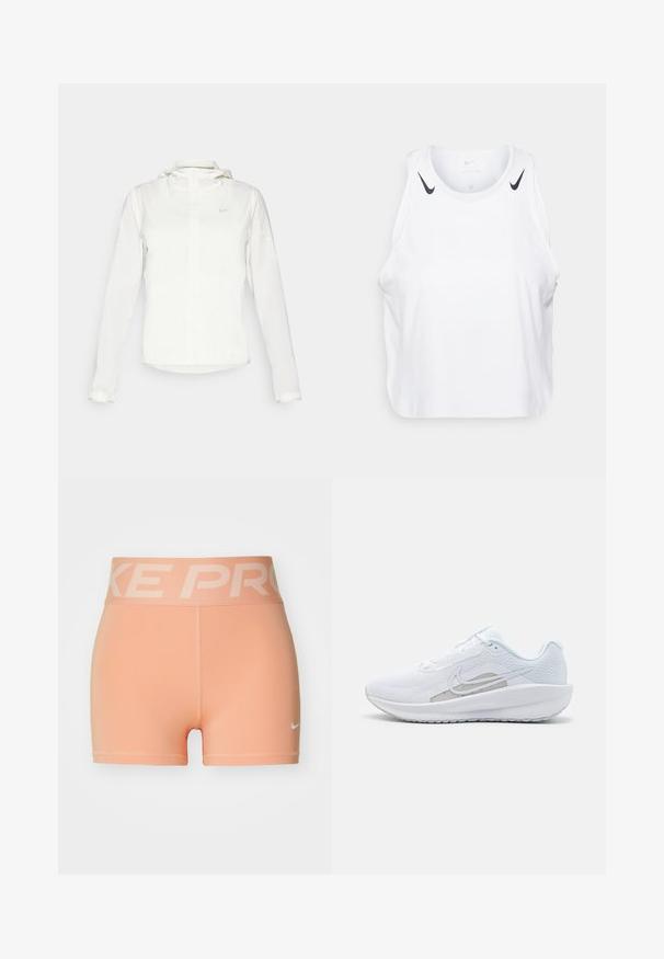 Witte Nike-jack met een capuchon, volledige rits, elastische manchetten en een subtiele logo op de borst. Gladde textuur en lichtgewicht ontwerp.; Witte mouwloze tanktop van lichtgewicht stof, met zwarte Nike-logo accenten op de schouders, een ronde halslijn en een relaxte pasvorm.; Perzikkleurige sport shorts met een brede elastische tailleband met de tekst "NIKE PRO". Gemaakt van rekbaar materiaal, met een klein wit Nike-logo.; Witte sportieve schoen met een bovenwerk van mesh, ronde neus en een textuurzool. Beschikt over een zilveren Nike swoosh en een minimalistisch ontwerp.