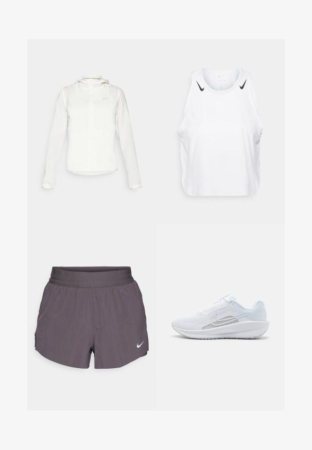Balta Nike striukė su gobtuvu, pilnu užtrauktuku, elastingomis rankovėmis ir subtiliu logotipu ant krūtinės. Sklandi tekstūra ir lengvas dizainas.; Baltas be rankovių marškinėliai, pagaminti iš lengvos medžiagos, su juodais Nike logotipo akcentais ant pečių, apvaliu iškirpimu ir laisvu siluetu.; Nike bėgimo šortai tamsiai pilkos spalvos, su plačiu elastingu juosmeniu, lengva medžiaga, šoninėmis kišenėmis ir subtiliu baltu logotipu.; Baldas sportinis batelis su tinkleliu viršuje, apvaliu toe ir tekstūruota padais. Pabrėžia sidabrinį Nike swoosh ir minimalistinį dizainą.