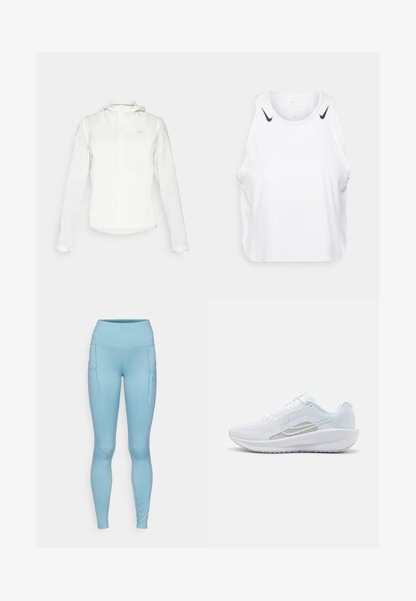 Jachetă albă Nike cu glugă, fermoar pe toată lungimea, manșete elastice și un logo subtil pe piept. Textură netedă și design ușor.; Top fără mâneci alb, realizat dintr-un material ușor, cu accente ale logo-ului Nike de culoare neagră pe umeri, gât rotund și croială lejeră.; Leggings de culoare albastru deschis cu un talie înaltă, prezentând două buzunare laterale și un material neted, elastic. Designul include detalii de cusătură subtile.; Pantof de atletism alb cu plasă superioară, vârf rotunjit și talpă texturată. Prezentă un logo Nike argintiu și un design minimalist.