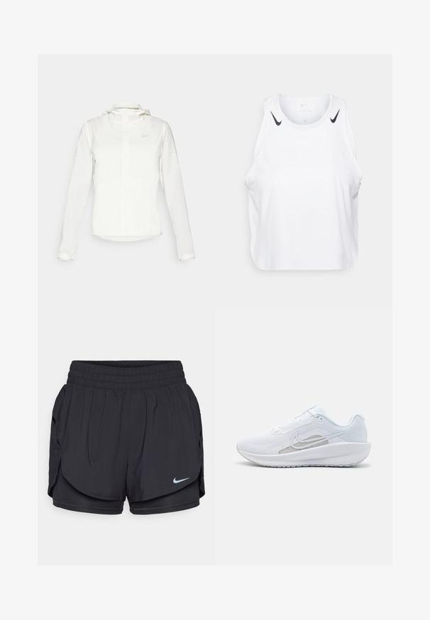 Valkoinen Nike-takki hupulla, täyspitkällä vetoketjulla, joustavilla hihansuilla ja hillityllä logolla rinnassa. Sujuva pinta ja kevyt muotoilu.; Valkoinen hihaton t-paita kevyestä kankaasta, jossa on mustat Nike-logo-yksityiskohdat olkapäillä, pyöreä pääntie ja rento istuvuus.; Mustat urheilushortsit leveällä elastisella vyötärönauhalla, sivutaskuilla ja Nike-logolla. Valmistettu kevyestä, kosteutta siirtävästä kankaasta.; Valkoinen urheilujalkine, jossa on verkkomateriaali ylhäällä, pyöreä varvas ja teksturoitu pohja. Varustettu hopeisella Nike-ikkunalla ja minimalistisella muotoilulla.