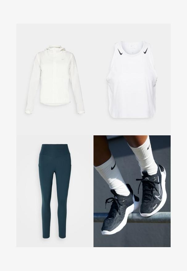 Witte Nike-jack met een capuchon, volledige rits, elastische manchetten en een subtiele logo op de borst. Gladde textuur en lichtgewicht ontwerp.; Witte mouwloze tanktop van lichtgewicht stof, met zwarte Nike-logo accenten op de schouders, een ronde halslijn en een relaxte pasvorm.; Nike Performance ONE 7/8 - Tights - armory navy/black; Zwarte sportieve schoenen met een gebreide bovenkant met textuur, witte middenzool en zwarte veters. Draagt witte geribbelde sokken met een logo.