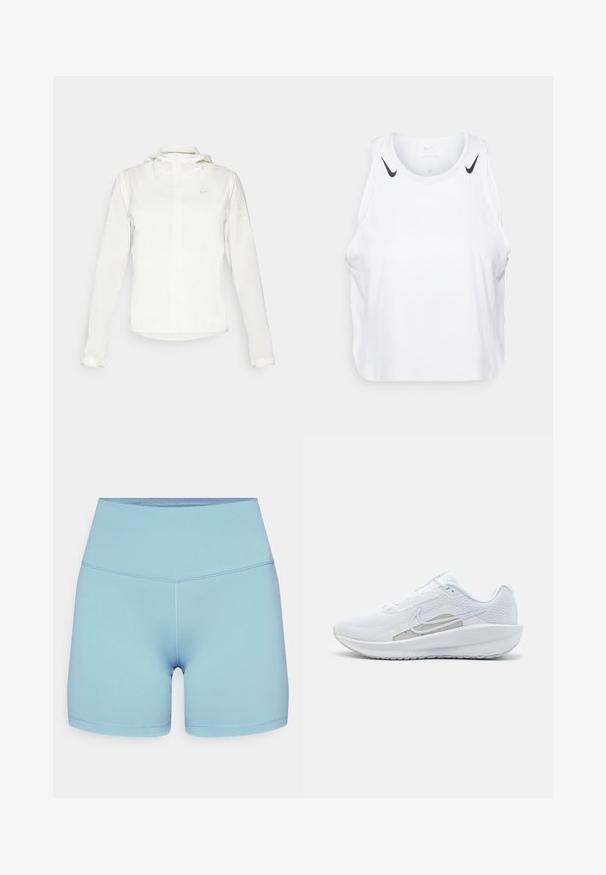Witte Nike-jack met een capuchon, volledige rits, elastische manchetten en een subtiele logo op de borst. Gladde textuur en lichtgewicht ontwerp.; Witte mouwloze tanktop van lichtgewicht stof, met zwarte Nike-logo accenten op de schouders, een ronde halslijn en een relaxte pasvorm.; Nike Performance ONE SHORT - Tights - denim turquoise/black; Witte sportieve schoen met een bovenwerk van mesh, ronde neus en een textuurzool. Beschikt over een zilveren Nike swoosh en een minimalistisch ontwerp.