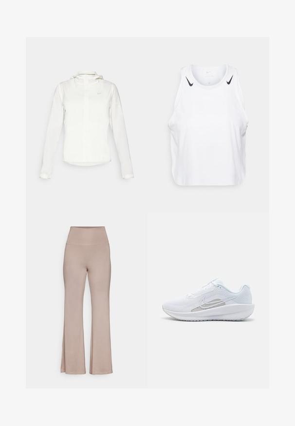 Bijela Nike jakna s kapuljačom, punim zatvaračem, elastičnim manžetama i suptilnim logotipom na prsima. Glatka textura i lagan dizajn.; Bjela majica bez rukava napravljena od lagane tkanine, sa crnim Nike logotipom na ramenima, okruglim izrezom i ležernim krojem.; Visoke svetlo bež hlače s otvorenim nogavicama, izrađene od mekog materijala s glatkom teksturom bez vidljivih uzoraka ili hardverskih detalja.; Bijela atletska cipela s mrežastom gornjom površinom, zaobljenim nožnim prstom i teksturiranim potplatom. Sadrži srebrni Nike swoosh i minimalistički dizajn.