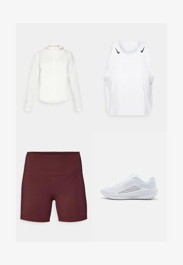 Casaco branco da Nike com capuz, fecho completo, punhos elásticos e um logótipo subtil no peito. Textura suave e design leve.; T-shirt branca sem mangas feita de um tecido leve, com detalhes do logotipo preto da Nike nos ombros, decote redondo e um corte relaxado.; Calças de desporto bordeaux com cintura alta, feitas de um tecido liso e elástico; apresenta um design de costura plana sem bolsos.; Sapatilha atlética branca com parte superior em rede, bico arredondado e sola texturizada. Apresenta o símbolo Nike em prata e um design minimalista.