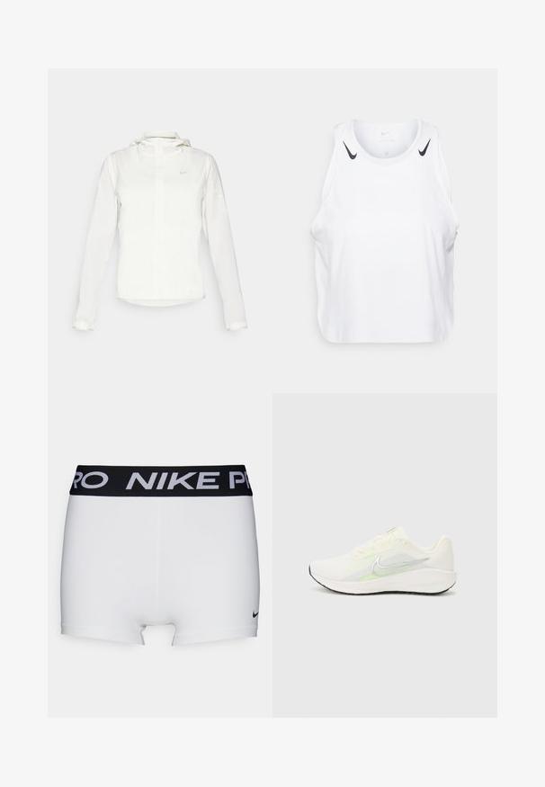 Witte Nike-jack met een capuchon, volledige rits, elastische manchetten en een subtiele logo op de borst. Gladde textuur en lichtgewicht ontwerp.; Witte mouwloze tanktop van lichtgewicht stof, met zwarte Nike-logo accenten op de schouders, een ronde halslijn en een relaxte pasvorm.; Witte sportieve shorts met een zwarte Nike Pro tailleband. Beschikt over een gladde textuur en een klein zwart Nike-logo nabij de zoom.; Nike Performance DOWNSHIFTER 13 - Hardloopschoenen voor op de weg - sail/silver-coloured photon dust/summit white/barely volt/black
