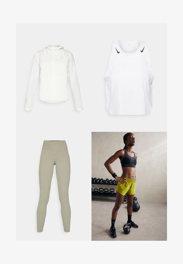 Biała kurtka Nike z kapturem, na zamek błyskawiczny, elastyczne mankiety i subtelne logo na piersi. Gładka tekstura i lekka konstrukcja.; Biała bezrękawnikowa koszulka wykonana z lekkiego materiału, z czarnymi akcentami logo Nike na ramionach, okrągłym dekoltem i luźnym krojem.; Spodnie leggingi o wysokim stanie, dopasowane, w miękkiej, stonowanej oliwkowej zieleni, z gładką teksturą i bez widocznych wzorów czy elementów metalowych.; Czarny stanik sportowy, jasne żółte szorty z elastycznym pasem, czarne buty sportowe i opaski na nadgarstki, stojące obok kettlebelli.