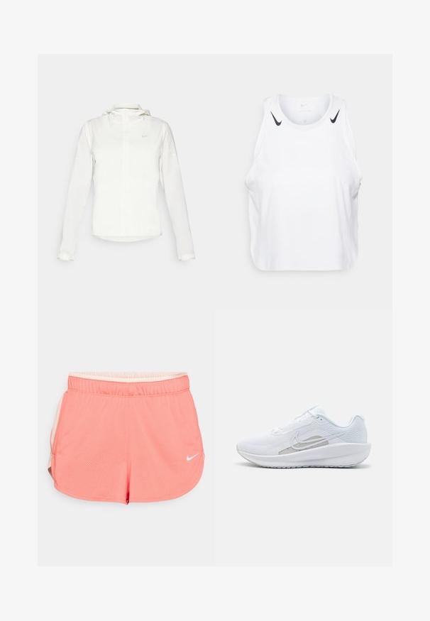 Veste blanche Nike avec capuche, fermeture éclair intégrale, poignets élastiques et un logo discret sur la poitrine. Texture lisse et design léger.; Débardeur blanc sans manches en tissu léger, avec des accents du logo Nike noir sur les épaules, un col rond et une coupe décontractée.; Shorts de sport roses en tissu mesh avec une taille élastique, dotés d'un logo blanc et de fentes sur les côtés pour une meilleure liberté de mouvement.; Baskets blanches avec une tige en mesh, bout rond et semelle texturée. Présentent un swoosh Nike argenté et un design minimaliste.