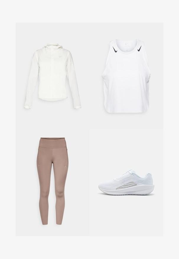 Hvid Nike-jakke med hætte, fuld lynlås, elastiske manchetter og et diskret logo på brystet. Glat tekstur og let design.; Hvid ærmeløs tanktop lavet af letvægtsmateriale, med sorte Nike-logo detaljer på skuldrene, rund halsudskæring og afslappet pasform.; Brune højtaljede leggings med en glat tekstur, der har sidelommer og små reflekterende detaljer foran.; Hvid træningssko med mesh-overdel, rund tå og tekstureret sål. Har et sølvfarvet Nike-swoosh og et minimalistisk design.