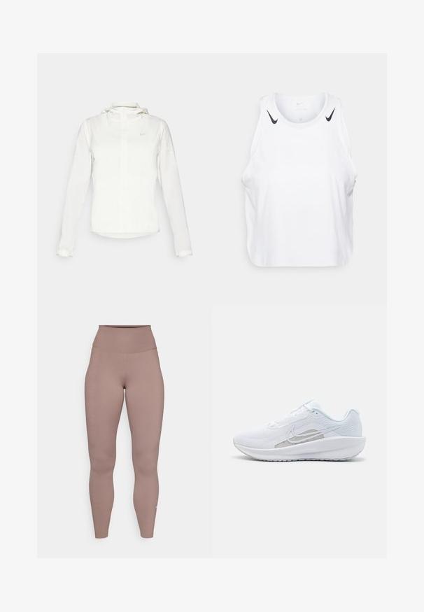 Casaco branco da Nike com capuz, fecho completo, punhos elásticos e um logótipo subtil no peito. Textura suave e design leve.; T-shirt branca sem mangas feita de um tecido leve, com detalhes do logotipo preto da Nike nos ombros, decote redondo e um corte relaxado.; Leggings de cintura alta em uma cor mauve suave, feitas de um tecido elástico e liso, apresentando costuras mínimas e um pequeno logotipo na bainha.; Sapatilha atlética branca com parte superior em rede, bico arredondado e sola texturizada. Apresenta o símbolo Nike em prata e um design minimalista.