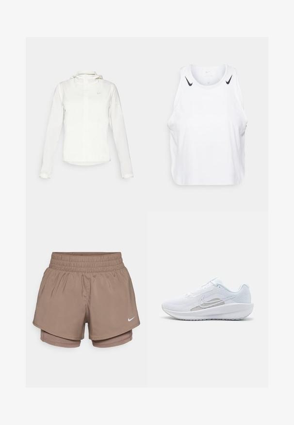 Giacca Nike bianca con cappuccio, zip completa, polsini elasticizzati e un logo discreto sul petto. Texture liscia e design leggero.; Top senza maniche bianco realizzato in tessuto leggero, con accenti del logo Nike nero sulle spalle, scollatura rotonda e vestibilità morbida.; I pantaloni sportivi Nike sono realizzati in un leggero e elastico tessuto marrone con vita elastica e pantaloni interni incorporati. Logo bianco piccolo sul davanti.; Scarpa sportiva bianca con tomaia in rete, punta arrotondata e suola testurizzata. Presenta il logo Nike in argento e un design minimalista.