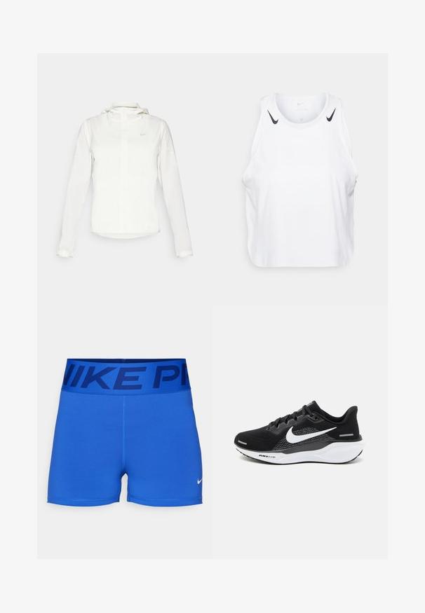 Biela Nike bunda s kapucňou, plným zipsom, elastickými manžetami a jemným logom na hrudi. Hladká textúra a ľahký dizajn.; Biely bezrukávový top vyrobený z ľahkej tkaniny, s čiernymi akcentmi loga Nike na ramenách, okrúhlym výstrihom a voľným strihom.; Modré športové šortky vyrobené z hladkej, elastickej látky. Majú široký pás so slovami "NIKE PRO" v tmavomodrej farbe a malým logom Nike v bielej farbe.; Čierna atletická obuv s vrchnou časťou z mäkkej sieťoviny, bielym logom Nike a bielou podšívkou so štruktúrovanými detailmi.