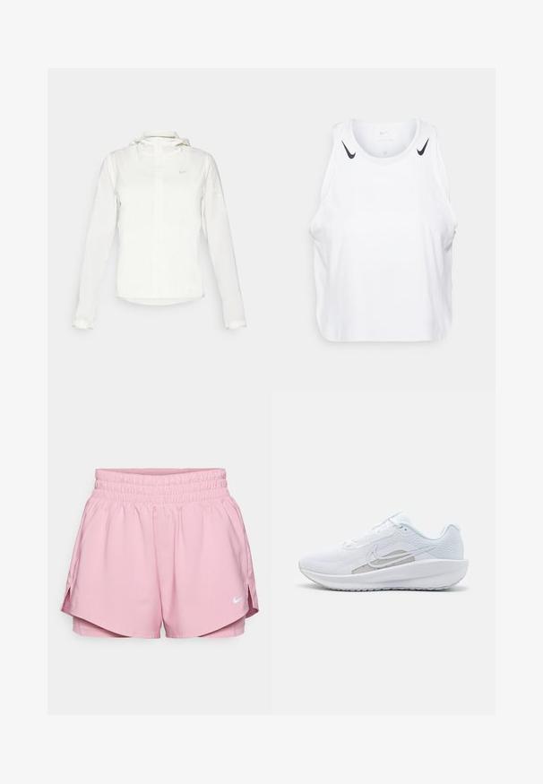 Casaco branco da Nike com capuz, fecho completo, punhos elásticos e um logótipo subtil no peito. Textura suave e design leve.; T-shirt branca sem mangas feita de um tecido leve, com detalhes do logotipo preto da Nike nos ombros, decote redondo e um corte relaxado.; Nike Performance ONE SHORT - Calções desportivos - elemental pink/reflective silver; Sapatilha atlética branca com parte superior em rede, bico arredondado e sola texturizada. Apresenta o símbolo Nike em prata e um design minimalista.