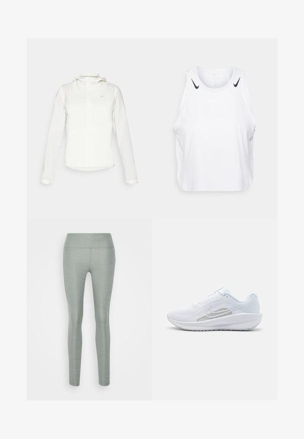 Biela Nike bunda s kapucňou, plným zipsom, elastickými manžetami a jemným logom na hrudi. Hladká textúra a ľahký dizajn.; Biely bezrukávový top vyrobený z ľahkej tkaniny, s čiernymi akcentmi loga Nike na ramenách, okrúhlym výstrihom a voľným strihom.; Svetlozelené legíny vyrobené z elastického materiálu, s hladkou textúrou, vysokým pásom a priliehavým strihom. Bez viditeľných vzorov alebo akcentov.; Biele atletické topánky s priedušným zvrškom, okrúhlym prstom a štruktúrovanou podrážkou. Obsahuje strieborný Nike swoosh a minimalistický dizajn.