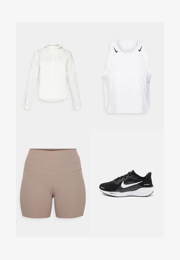 Casaco branco da Nike com capuz, fecho completo, punhos elásticos e um logótipo subtil no peito. Textura suave e design leve.; T-shirt branca sem mangas feita de um tecido leve, com detalhes do logotipo preto da Nike nos ombros, decote redondo e um corte relaxado.; Calças curtas de cintura alta da Nike em castanho claro, feitas de um tecido liso e elástico; apresentam um logótipo discreto e costura limpa.; Sapatilha atletica preta com parte superior em malha, um swoosh branco da Nike e uma sola branca almofadada com detalhes texturizados.