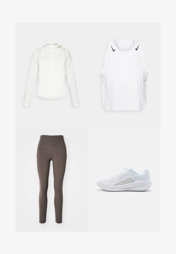 White Nike jacket with a hood, full zip, elastic cuffs, and a subtle logo on the chest. Smooth texture and lightweight design.; White sleeveless tank top made of lightweight fabric, featuring black Nike logo accents on shoulders, round neckline, and relaxed fit.; Nike Performance ONE 7/8 - Leggings - ironstone; White athletic shoe with mesh upper, rounded toe, and textured sole. Features a silver Nike swoosh and minimalistic design.