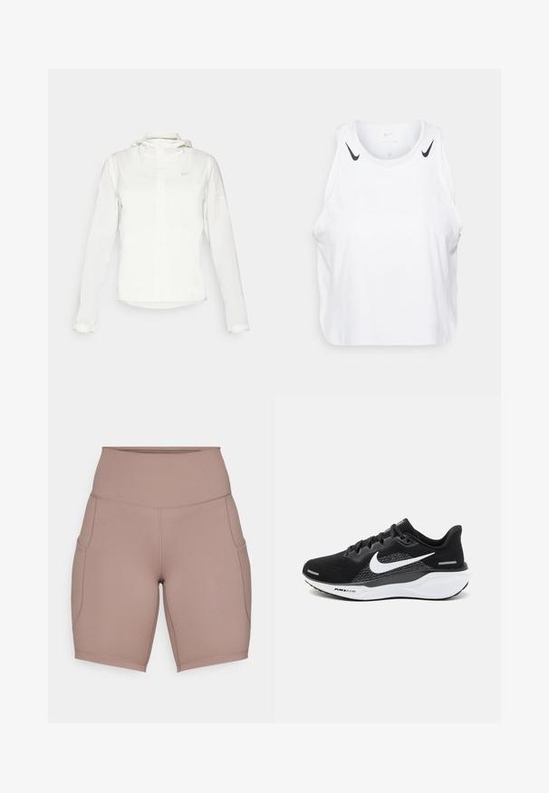 Bijela Nike jakna s kapuljačom, punim zatvaračem, elastičnim manžetama i suptilnim logotipom na prsima. Glatka textura i lagan dizajn.; Bjela majica bez rukava napravljena od lagane tkanine, sa crnim Nike logotipom na ramenima, okruglim izrezom i ležernim krojem.; Bež kratke biciklističke hlače visokog struka, napravljene od rastezljivog materijala, s bočnim džepovima i ravnim šavovima za udobnost.; Crne atletske tenisice s mrežastim gornjim dijelom, bijelim Nike swooshom i bijelim udobnim potplatom s teksturiranim detaljima.