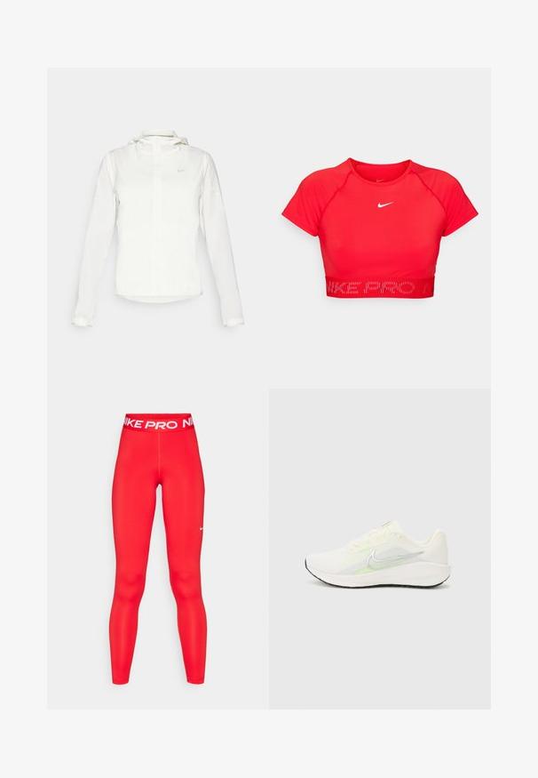 Balta Nike jaka ar kapuci, pilna rāvējslēdzēja, elastīgām piedurknēm un diskrētu logotipu uz krūšu daļas. Gluda tekstūra un viegla konstrukcija.; Sarkana, īsa sporta krekls ar īsām piedurknēm, izgatavots no stiept materiāla. Tam ir balta Nike logo un teksturēta jostasvieta ar tekstu "NIKE PRO".; Nike Pro sarkanie legingi ir ar augstu jostasvietu, baltu zīmolu, gludu, elastīgu audumu un pieguļošu dizainu, kas pielāgojas kājām.; Nike Performance DOWNSHIFTER 13 - Apavi skriešanai pa asfaltu - sail/silver-coloured photon dust/summit white/barely volt/black