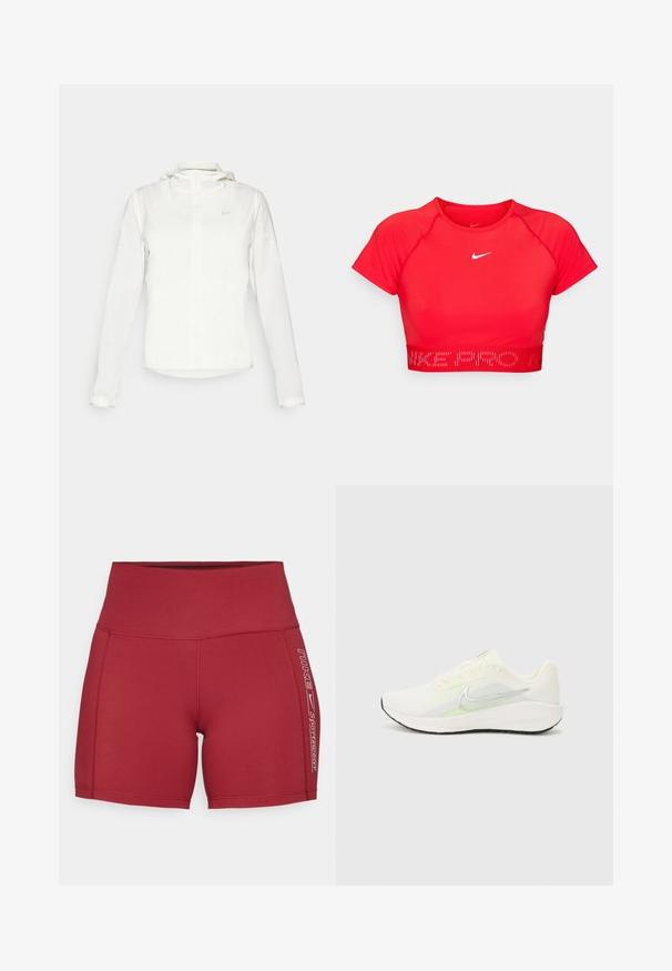 Balta Nike jaka ar kapuci, pilna rāvējslēdzēja, elastīgām piedurknēm un diskrētu logotipu uz krūšu daļas. Gluda tekstūra un viegla konstrukcija.; Sarkana, īsa sporta krekls ar īsām piedurknēm, izgatavots no stiept materiāla. Tam ir balta Nike logo un teksturēta jostasvieta ar tekstu "NIKE PRO".; Sarkanas sporta bikses, izgatavotas no elastīga auduma ar augstu vidukļa joslu. Satur baltu drukātu logotipu un sānu akcentus. Gluda tekstūra un pieguļošs dizains.; Nike Performance DOWNSHIFTER 13 - Apavi skriešanai pa asfaltu - sail/silver-coloured photon dust/summit white/barely volt/black