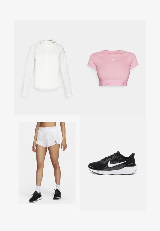 White Nike jacket with a hood, full zip, elastic cuffs, and a subtle logo on the chest. Smooth texture and lightweight design.; Short pink crop top with short sleeves, ribbed hem, and a white Nike logo on the chest. Smooth fabric with a fitted design.; White athletic shorts with a ribbed waistband, side slits, and a black Nike logo. Worn with black sneakers and white crew socks.; Black athletic shoe featuring a mesh upper, a white Nike swoosh, and a white cushioned sole with textured details.