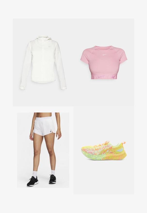 Hvit Nike-jakke med hette, hel glidelås, elastiske mansjetter og en diskret logo på brystet. Glatt tekstur og lett design.; Kort rosa crop top med korte ermer, ribbestrikket kant og en hvit Nike-logo på brystet. Glatt stoff med en tettsittende design.; Hvite atletisk shorts med ribbet linning, sidespalter og en svart Nike-logo. Brukes med svarte joggesko og hvite ankelsokker.; ASICS NOOSA TRI 16 - Løpesko for vei - safety yellow/cool matcha