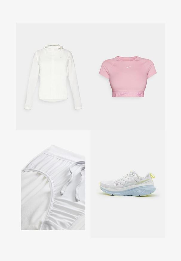 Hvit Nike-jakke med hette, hel glidelås, elastiske mansjetter og en diskret logo på brystet. Glatt tekstur og lett design.; Kort rosa crop top med korte ermer, ribbestrikket kant og en hvit Nike-logo på brystet. Glatt stoff med en tettsittende design.; Hvite treningse shorts med strukturert midjebånd, samlede side detaljer og flat snøring. Myk stoff med glatt overflate.; Hvit løpesko med mesh-overdel, med lyseblå detaljer og en tykk såle. Merker på gule detaljer på sålen og hæltappen.