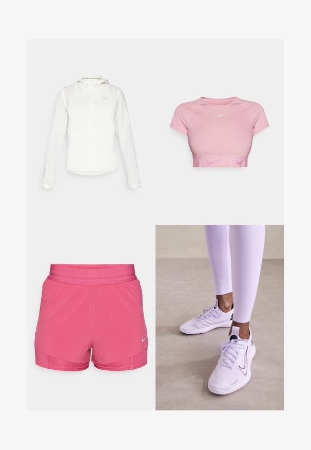Bílá bunda Nike s kapucí, plným zipem, elastickými manžetami a decentním logem na hrudi. Hladká textura a lehký design.; Krátký růžový crop top s krátkými rukávy, ribbovaným lemem a bílým logem Nike na hrudi. Hladká tkanina s přiléhavým střihem.; Růžové sportovní šortky s hladkým povrchem, elastickým pasem a vrstveným designem. Na dolním levém rohu se nachází reflexní logo Nike.; Nike Performance FREE RN FK NATURE - Silniční běžecké boty - lilac bloom/black/barely grape/vivid purple
