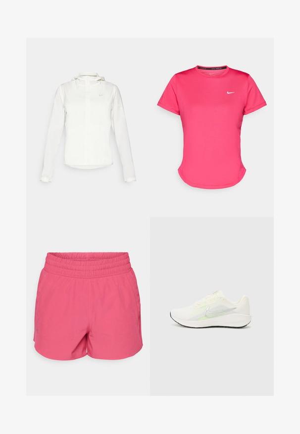 White Nike jacket with a hood, full zip, elastic cuffs, and a subtle logo on the chest. Smooth texture and lightweight design.; Short-sleeve pink athletic t-shirt made of a smooth, lightweight fabric. Features a small white Nike logo on the chest and subtle curved hem.; Pink athletic shorts with an elastic waistband, featuring a smooth texture and slight stretch. Two side pockets are integrated into the design.; Nike Performance DOWNSHIFTER 13 - Road running shoes - sail/silver-coloured photon dust/summit white/barely volt/black