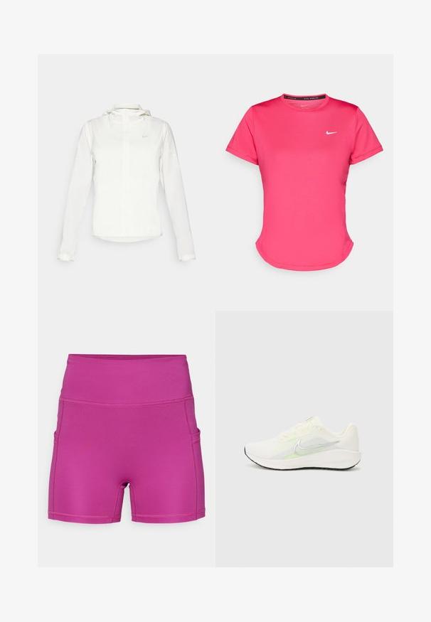 Valge Nike jakker, millel on kapuuts, täispikk tõmblukk, elastsed mansetid ja diskreetne logo rinnal. Sile tekstuur ja kerge disain.; Lühikeste varrukatega roosa sportlik t-särk, mis on valmistatud siledast ja kergekaalulisest kangast. Esiküljel on väike valge Nike logo ja diskreetne kumer äär.; Fuksiaroosa lühikesed treeningpüksid, valmistatud venivast kangast, kõrge vöökoht ja küljetaskud. Sile tekstuur, millel on siledad õmblused.; Nike Performance DOWNSHIFTER 13 - Maanteejooksu jalatsid - sail/silver-coloured photon dust/summit white/barely volt/black