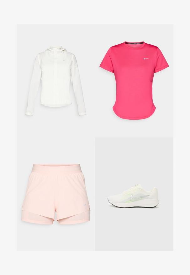 White Nike jacket with a hood, full zip, elastic cuffs, and a subtle logo on the chest. Smooth texture and lightweight design.; Short-sleeve pink athletic t-shirt made of a smooth, lightweight fabric. Features a small white Nike logo on the chest and subtle curved hem.; Light pink athletic shorts with an elastic waistband, layered design, and built-in compression shorts underneath. Features a small Nike logo.; Nike Performance DOWNSHIFTER 13 - Road running shoes - sail/silver-coloured photon dust/summit white/barely volt/black