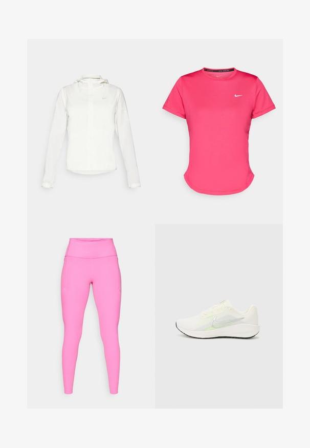 Veste blanche Nike avec capuche, fermeture éclair intégrale, poignets élastiques et un logo discret sur la poitrine. Texture lisse et design léger.; T-shirt de sport rose à manches courtes en tissu lisse et léger. Présente un petit logo Nike blanc sur la poitrine et un ourlet légèrement arrondi.; Leggings roses en matériau élastique, dotés d'une taille haute et de poches latérales, avec une finition lisse et des détails de couture minimaux.; Nike Performance DOWNSHIFTER 13 - Chaussures de running sur route - sail/silver-coloured photon dust/summit white/barely volt/black