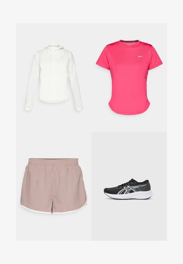 Hvit Nike-jakke med hette, hel glidelås, elastiske mansjetter og en diskret logo på brystet. Glatt tekstur og lett design.; Kortermet rosa treningst-skjorte laget av et glatt, lett stoff. Har en liten hvit Nike-logo på brystet og en subtil buet hem.; Idrettsshorts i lys beige stoff med elastisk midje, med en kontrastfarge i hvitt langs kantene og en løs passform.; Sorte sportsko med en strukturert mesh-overdel, hvite detaljer og en polstret hvit såle. Har en logo på siden og snørebånd.