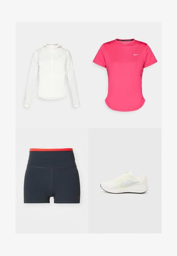 Casaco branco da Nike com capuz, fecho completo, punhos elásticos e um logótipo subtil no peito. Textura suave e design leve.; T-shirt desportivo rosa de mangas curtas, feito de um tecido leve e suave. Apresenta um pequeno logótipo branco da Nike no peito e uma bainha arredondada discreta.; Calções de desporto azul-marinho com uma cintura alta, apresentando uma faixa superior vermelha em contraste e detalhes de costura visíveis.; Nike Performance DOWNSHIFTER 13 - Sapatos para corrida em estrada - sail/silver-coloured photon dust/summit white/barely volt/black