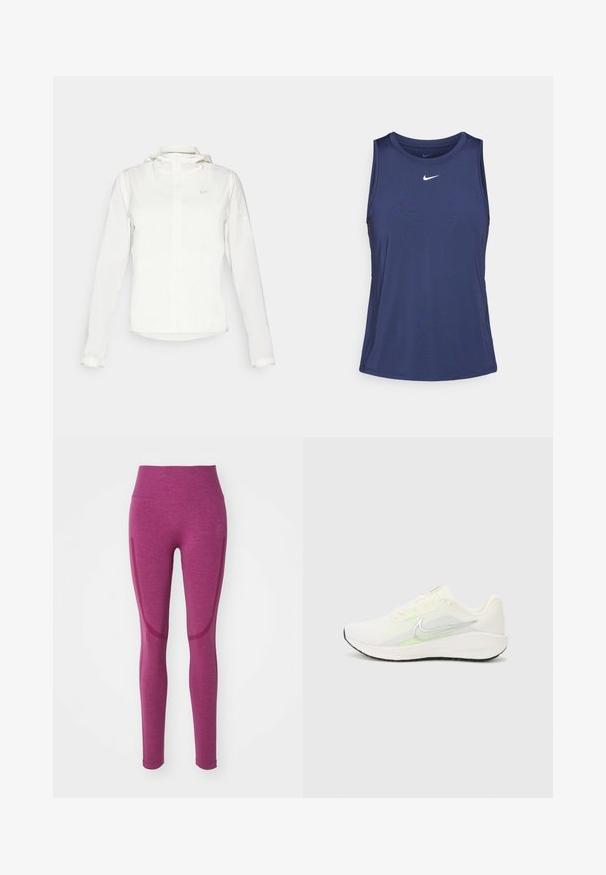 Weiße Nike-Jacke mit Kapuze, durchgehendem Reißverschluss, elastischen Bündchen und einem dezenten Logo auf der Brust. Glatte Textur und leichtes Design.; Dunkelblaues, ärmelloses Sportoberteil aus glattem, leichtem Stoff. Besitzt einen runden Halsausschnitt und ein kleines weißes Nike-Logo auf der Brust.; Enganliegende Leggings in einem tiefen lila Farbton, gefertigt aus einem strukturierten Stoff. Mit einem hohen Taillenbund und nahtlosen Seitenteilen mit kontrastierenden Akzenten.; Nike Performance DOWNSHIFTER 13 - Laufschuh Straße - sail/silver-coloured photon dust/summit white/barely volt/black