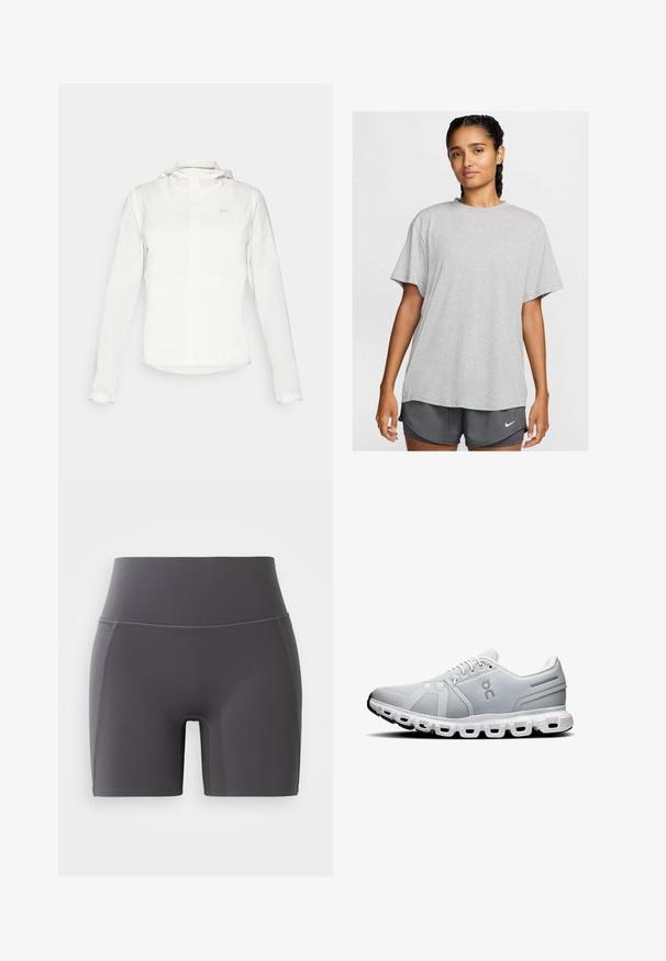 White Nike jacket with a hood, full zip, elastic cuffs, and a subtle logo on the chest. Smooth texture and lightweight design.; Light grey cotton t-shirt with a relaxed fit, short sleeves, and round neckline, paired with dark grey shorts featuring a logo.; Gray athletic shorts with a high waistband, made from smooth, stretchy fabric. Features flatlock seams and a fitted design.; Light grey athletic shoes with mesh upper, white laces, and a segmented white sole. Features a logo and subtle design lines on the sides.