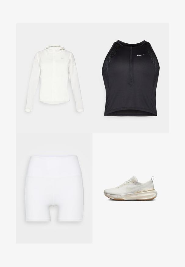 White Nike jacket with a hood, full zip, elastic cuffs, and a subtle logo on the chest. Smooth texture and lightweight design.; Black athletic crop top with a zip-front, mesh accents, and a fitted design. Made from stretchy, breathable fabric. Nike logo on front.; White high-waisted shorts made from stretch fabric. Features a smooth texture and fitted design, with no additional patterns or hardware.; White athletic sneaker with a textured upper, round toe, and cushioned sole. Features a gold accent and a pull tab on the heel.