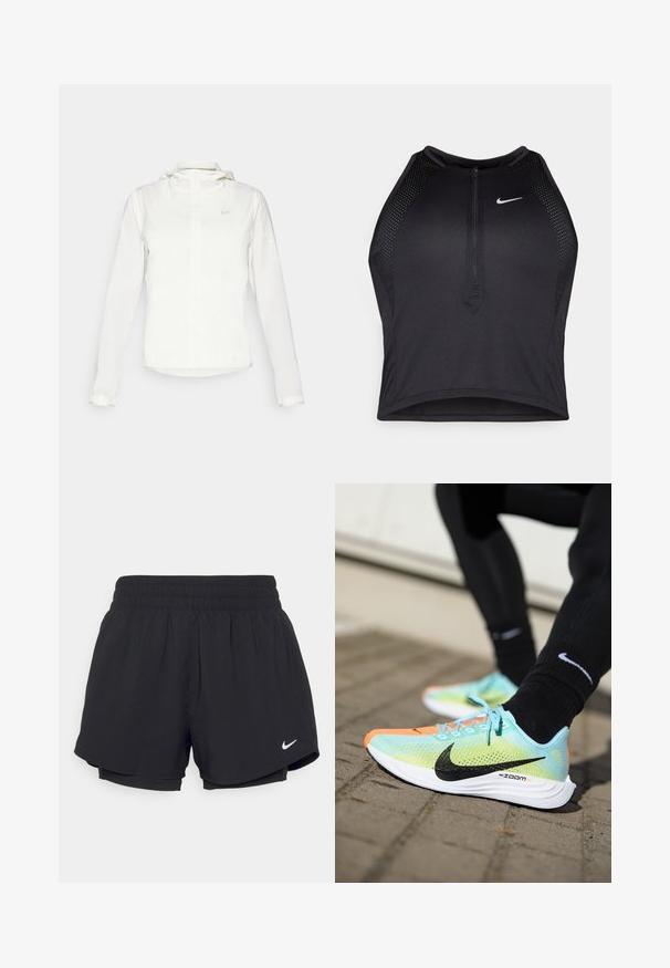 Giacca Nike bianca con cappuccio, zip completa, polsini elasticizzati e un logo discreto sul petto. Texture liscia e design leggero.; Top corto atletico nero con zip frontale, dettagli in rete e un design aderente. Realizzato in tessuto elasticizzato e traspirante. Logo Nike sul davanti.; Shorts sportivi neri con un elastico arricciato in vita, fodera interna e logo Nike bianco sul lato sinistro in basso. Tessuto liscio e leggero.; Le scarpe da corsa Nike ZoomX presentano una parte superiore in rete di colore verde menta con accenti neri, una punta arancione e una suola bianca con grip texturizzato.