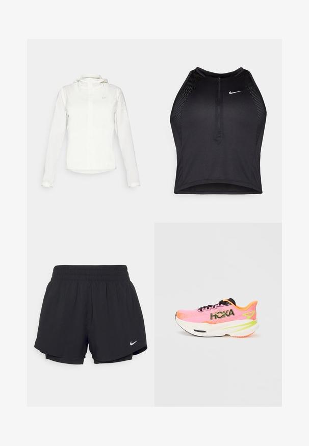 Valkoinen Nike-takki hupulla, täyspitkällä vetoketjulla, joustavilla hihansuilla ja hillityllä logolla rinnassa. Sujuva pinta ja kevyt muotoilu.; Musta urheilullinen crop-top, jossa on vetoketjukiinnitys, verkkokankaiset yksityiskohdat ja istuva malli. Valmistettu joustavasta ja hengittävästä kankaasta. Nike-logo edessä.; Mustat urheilushortsit, joissa on kootut joustovyötärö, vuori ja valkoinen Nike-logo vasemmassa alakulmassa. Suoraviivainen, kevyt kangas.; Vaaleanpunaiset juoksukengät, joissa on verkkomateriaalia, mustat nauhat ja näkyvä "HOKA"-logo. Ominaisuuksiin kuuluu pehmustettu valkoinen pohja, jossa on oransseja ja vihreitä yksityiskohtia.