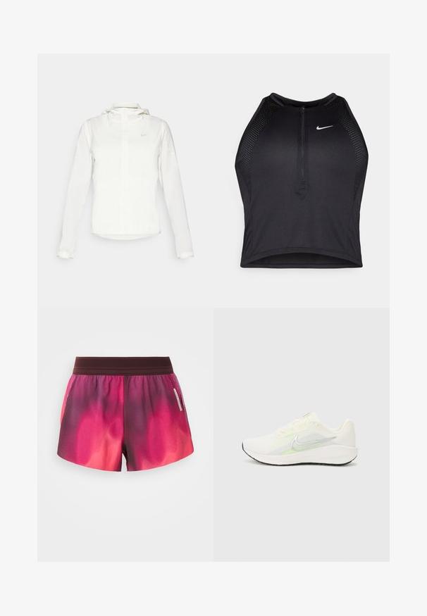 Biała kurtka Nike z kapturem, na zamek błyskawiczny, elastyczne mankiety i subtelne logo na piersi. Gładka tekstura i lekka konstrukcja.; Czarny sportowy crop top z zamkiem z przodu, z siateczkowymi akcentami i dopasowanym krojem. Wykonany z elastycznego, oddychającego materiału. Logo Nike z przodu.; Różowo-fioletowe gradientowe spodenki sportowe z elastyczną talią, gładką fakturą i metką z boku. Spodenki mają luźny krój.; Nike Performance DOWNSHIFTER 13 biały