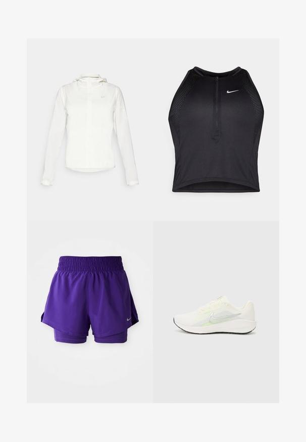 Veste blanche Nike avec capuche, fermeture éclair intégrale, poignets élastiques et un logo discret sur la poitrine. Texture lisse et design léger.; Crop top sportif noir avec fermeture éclair à l'avant, accents en mesh et design ajusté. Fabriqué en tissu extensible et respirant. Logo Nike à l'avant.; Shorts de course à double couche violets avec une taille élastique et un petit logo Nike en argent en bas à gauche.; Nike Performance DOWNSHIFTER 13 - Chaussures de running sur route - sail/silver-coloured photon dust/summit white/barely volt/black