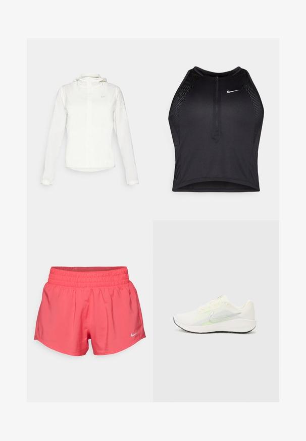 Hvit Nike-jakke med hette, hel glidelås, elastiske mansjetter og en diskret logo på brystet. Glatt tekstur og lett design.; Svart idretts crop top med glidelås foran, mesh-detaljer og en figurvennlig design. Laget av elastisk, pustende materiale. Nike-logo på forsiden.; Nike Performance ONE SHORT - Sports shorts - aster pink/reflective silver; Nike Performance DOWNSHIFTER 13 - Løpesko for vei - sail/silver-coloured photon dust/summit white/barely volt/black