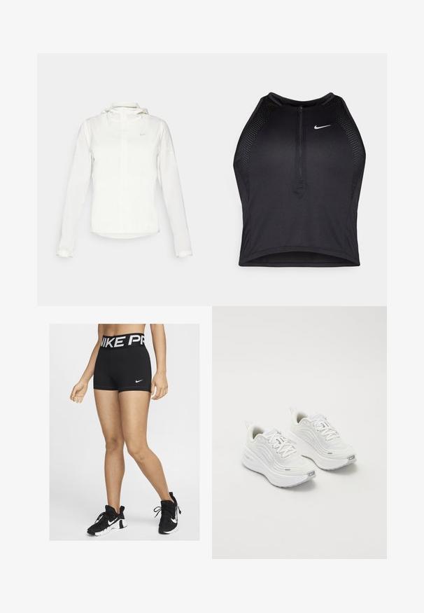 Fehér Nike dzseki kapucnival, teljes cipzárral, rugalmas mandzsettákkal és egy diszkrét logóval a mellkason. Sima textúrájú és könnyű kialakítású.; Fekete sportos crop top, elöl cipzárral, hálós kiegészítőkkel és testhez álló kialakítással. Rugalmas, lélegző anyagból készült. Nike logó elöl.; Fekete atlétikai rövidnadrág széles derékkal, rajta fehér betűkkel a "NIKE PRO" felirattal. Az oldalon egy kis fehér Nike pipa logó látható.; Fehér sportcipő, texturált hálós felsőrésszel, párnázott talppal és diszkrét szürke díszítésekkel. Tartalmazza a márkázást és a könnyű felhúzást segítő hurkot a sarokrészen.