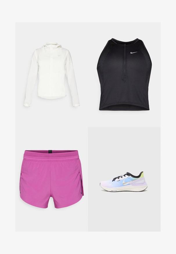 Hvit Nike-jakke med hette, hel glidelås, elastiske mansjetter og en diskret logo på brystet. Glatt tekstur og lett design.; Svart idretts crop top med glidelås foran, mesh-detaljer og en figurvennlig design. Laget av elastisk, pustende materiale. Nike-logo på forsiden.; Korte rosa treningsshorts med en teksturert mesh livlinje, klippet for bevegelse, med sidespalter og en svart aksentlogo på den ene siden.; Lyseblå treningssko med gradienteffekt, svarte lisser, sølvfarget swoosh-logo, blek lilla detaljer og en teksturert mesh-overdel.